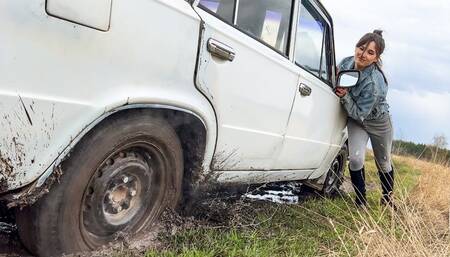 CAR STUCK Stuck in wet grass in high heeled boots
