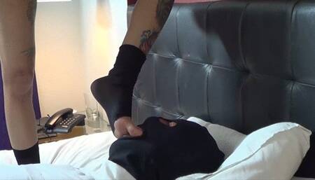 3 DOMMES DOMINATING MALE SLAVE OVER HIM FOR WORSHIP THEIR FEET AND SNIFF THEIR SHOEL