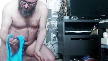 Hairy chastity bear cums caged from ball play