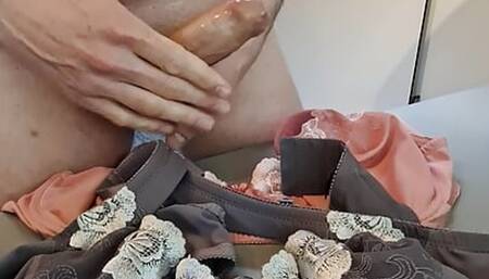 Jerking off and cumshot on my wifes big tits bra and playing with my anal buttplug