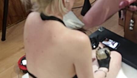 Blonde MILF collects husbands cum in a glass