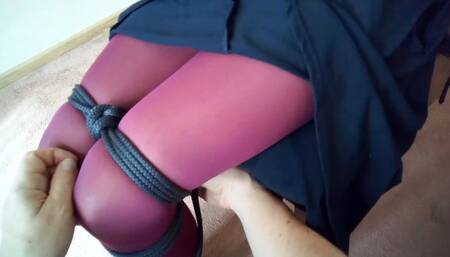 Sofi is on a chair tied up with black and white ropes_POV