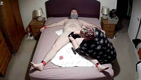 Ballbusting, Edged, Polishing and Post Orgasm Torment- Cam 2 part 2-BBW domination,BBW bondage,man in bondage,male bondage,amateur,tied to bed,spreadeagled,naked man tied up,bed bound,handjob,edging,post cum play,ruined orgasm,stockings,pantyhose,