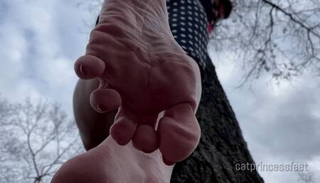 Giantess in the wild, look up at her huge wrinkly soles, milf soles and toes pov1