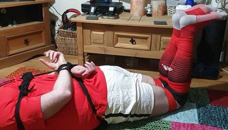 Footballer all bound and gagged and helpless at my feet -BBW domination,BBW bondage,male bondage,man in bondage,man tied up,football kit,soccer kit,socks,gay bondage,rope bondage,bound and gagged man,amateur,