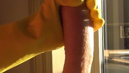 Textured rubber glove handjob