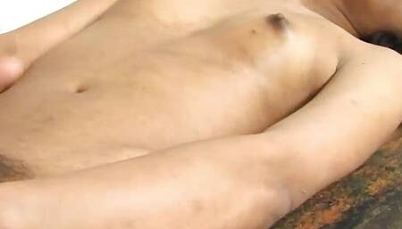 Tanned ladyboy with high heels strips her blue dress and