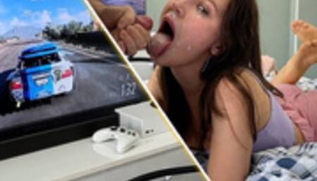 She was just playing xbox and suddenly got a deep slobbery throat fuck