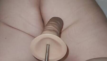 BBW wife choking on cock while fucking giant dildo doggy