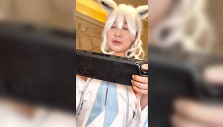 Handjob dickgirl Fubuki's dick while playing videogame