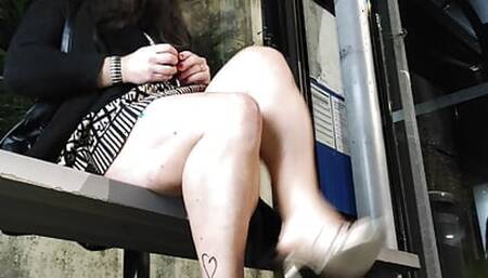 JoanaLoveTs walking to a Bus Stop and cumming in public