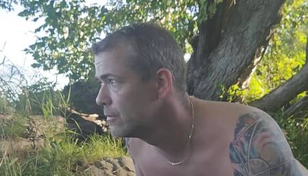 Caught naked and vulnerable by a public lake. Kayaker passing while experimenting self bondage