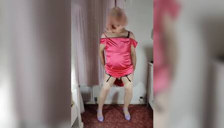 Sissy crossdresser in full length satin