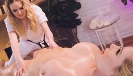 Small tits masseuse massages milfs pussy