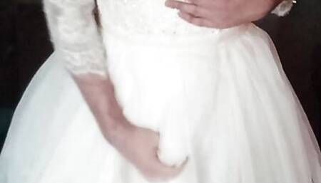 Wearing and cumming in bride's complete bridal outfit (wedding dress, shoes, bra, underskirt, stockings and straps)