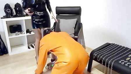 Petite Ma'am keeping her latex prisoner hydrated