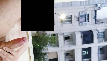 Risky masturbation flashing at open window front neighborhood 1