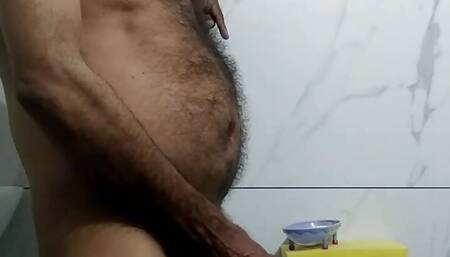 In the bathroom I got naked and slowly played with the cock and the nipple