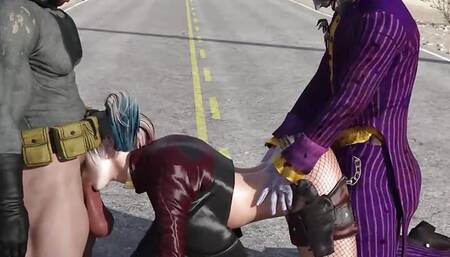 Harley Quinn, Joker, Batman Public Threesome on highway road in Texas.