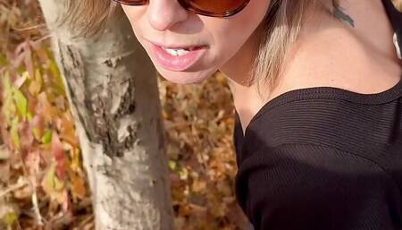 Public fuck quickie as two men use my pussy and give me double creampie while on a Fall hike