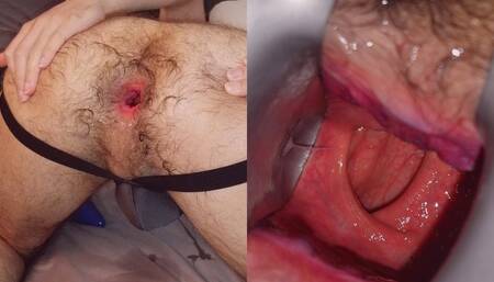 Hairy and gaped wide - inside view though speculum and noisy hole gape