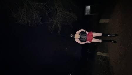 Sissy walk outside dressed in lingerie and skirt