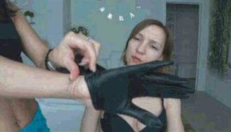 hands in leather gloves over her mouth and on her neck I