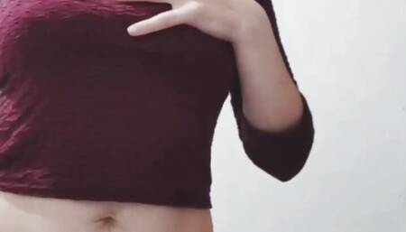 Excited girl, touching herself in the bathroom, what rich nipples this aunt wears