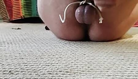 Tied Balls milked with masturbator hands free