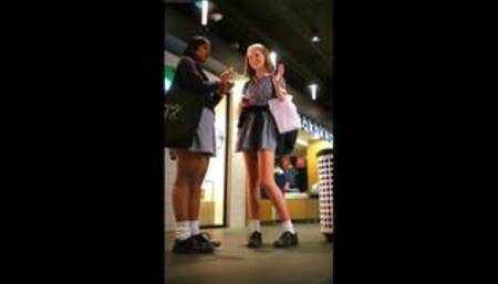Classmates Shopping In Their School Uniforms - Upskirt Voyeur Candid Spy