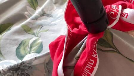 playing with my stepsister's dirty red panties while she's at studies