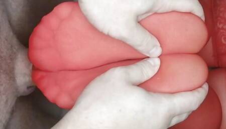 Legs in red stockings masturbate cock, trying to get sperm