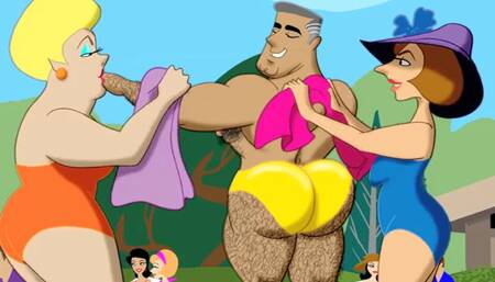 Cartoon with males in the vacation club