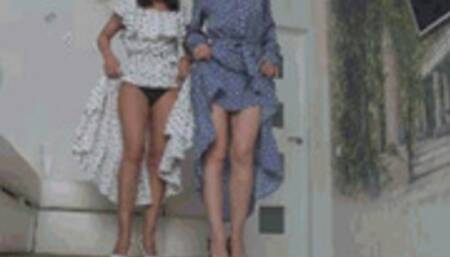 Look under our long polka dot dresses and jerk off I