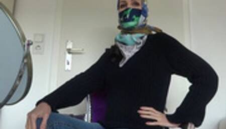 Silk cloth mask and headscarf with turtleneck sweater and jeans