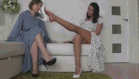 Dangling in black and white shoes with polka dot dresses I