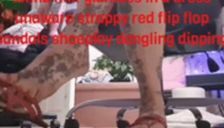 latina milf giantess in a dress unaware strappy red flip flop sandals shoeplay dangling dipping