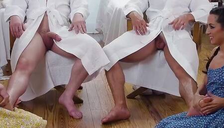 DaughterSwap - Horny Babes Drools Over Their Stepdads Oiled Body Offers Them help To Release Tension