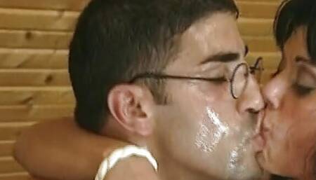 Dark haired German babe with an amazing figure gets her mouth filled with warm cum