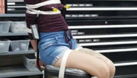 0055 Body Shaking Brutal Bondage in the Workshop – Chair Tie Stress Position Stretches Catherine Sterling in a Sock Gag, Blindfold & Nipple Clamp Pain Predicament! HD Version