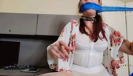 Pin up cutie self gags and self bondage