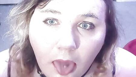Transgirl training to deepthroat. Lots of spit!