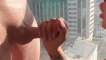 Baby sucks sweetly in the morning on the balcony, cum on her palms. AdventuresWithAlice