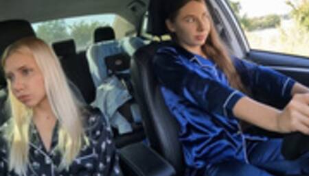 Two girls revving and getting start after pajama party Two girls revving and getting start after pajama party