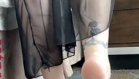 milf hotel feet, silky robe, sheer & lace, flip flop tease, soles show,red polish, foot fetish