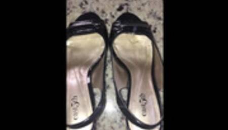 Deb's Office Outfit of the Day Featuring Black Patent East 5th Sling Back Spiked Heel Open Toe Pumps Which She Uses to Wound Hubby During Sex After Coming Home from the Office (9-16-2020)