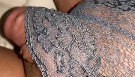 Bulge in Grey lace nickers femboy crossdresser wanking to Cuck being humiliated