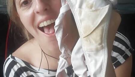 ARGENTINIAN BLONDE. CORDOBESA PARADES HER USED AND DIRTY THONGS.