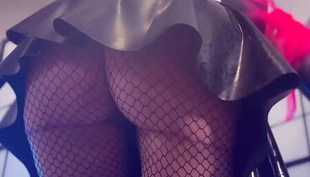 Pink haired Luvie Doll is shining up her big juicy latex ass with long opera latex gloves in fishnets and transparent boots