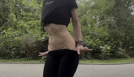 Fitness in the park, red panties and something underneath